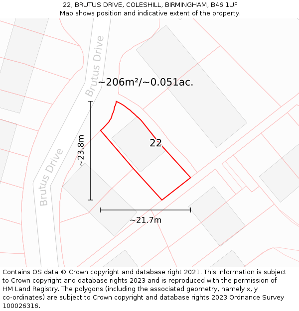 22, BRUTUS DRIVE, COLESHILL, BIRMINGHAM, B46 1UF: Plot and title map