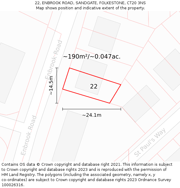22, ENBROOK ROAD, SANDGATE, FOLKESTONE, CT20 3NS: Plot and title map