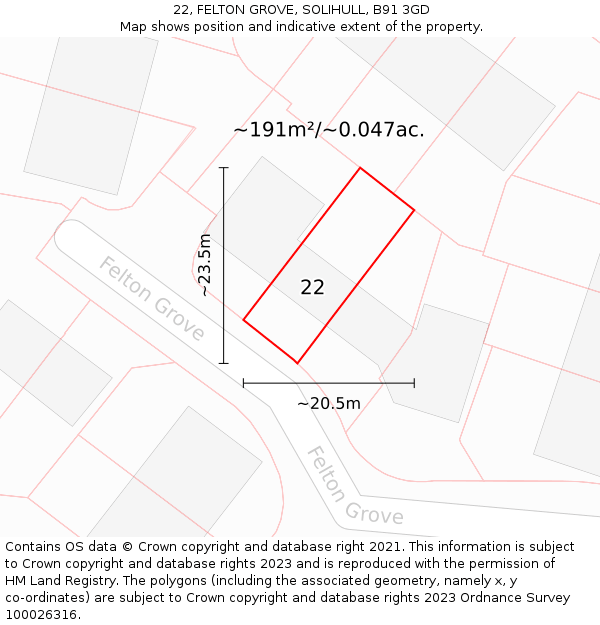 22, FELTON GROVE, SOLIHULL, B91 3GD: Plot and title map