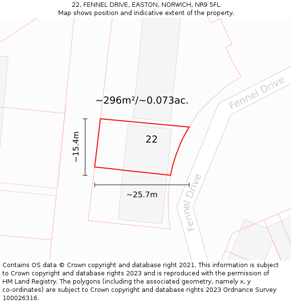 22, FENNEL DRIVE, EASTON, NORWICH, NR9 5FL: Plot and title map