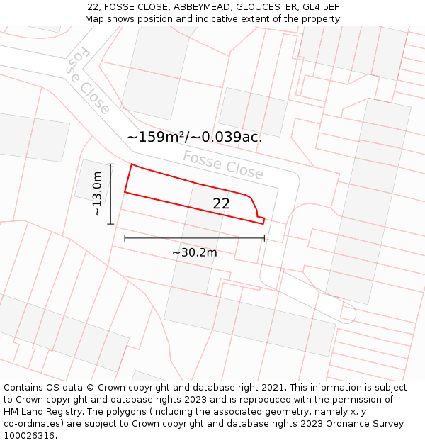 22, FOSSE CLOSE, ABBEYMEAD, GLOUCESTER, GL4 5EF: Plot and title map