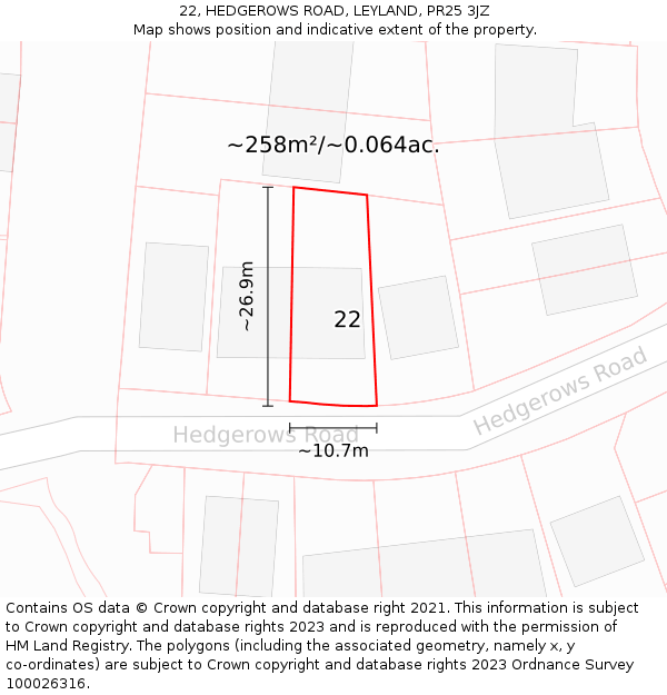 22, HEDGEROWS ROAD, LEYLAND, PR25 3JZ: Plot and title map