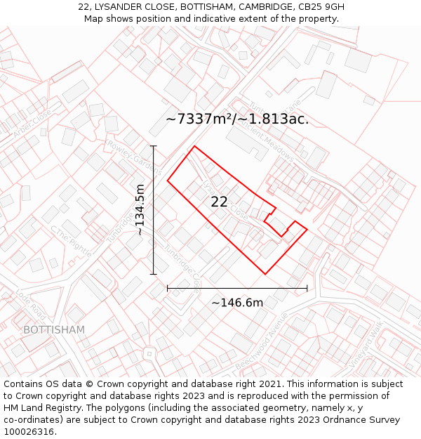 22, LYSANDER CLOSE, BOTTISHAM, CAMBRIDGE, CB25 9GH: Plot and title map