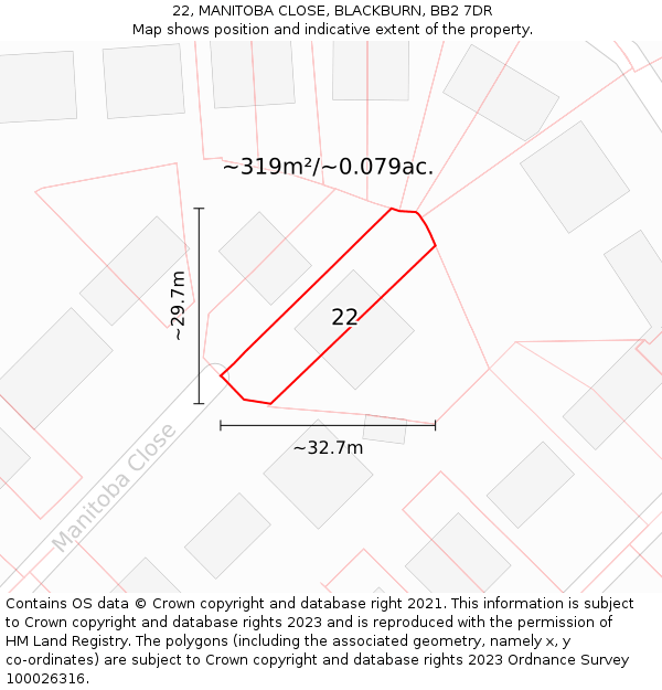 22, MANITOBA CLOSE, BLACKBURN, BB2 7DR: Plot and title map