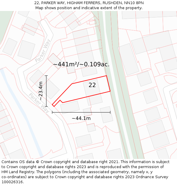 22, PARKER WAY, HIGHAM FERRERS, RUSHDEN, NN10 8PN: Plot and title map