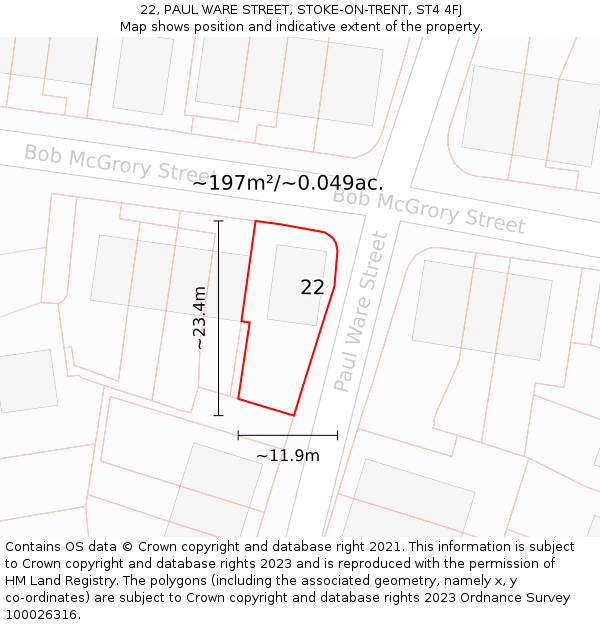 22, PAUL WARE STREET, STOKE-ON-TRENT, ST4 4FJ: Plot and title map
