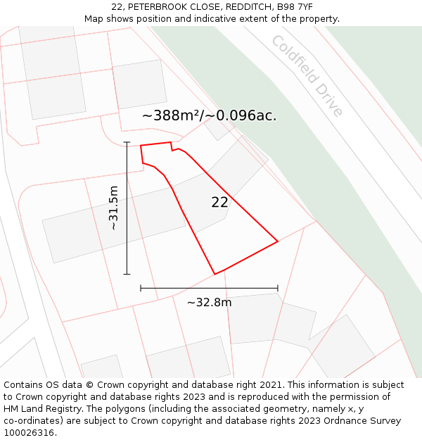 22, PETERBROOK CLOSE, REDDITCH, B98 7YF: Plot and title map