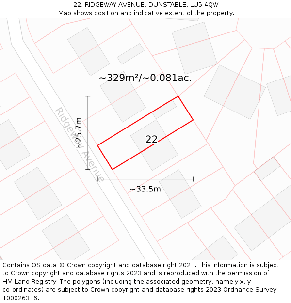 22, RIDGEWAY AVENUE, DUNSTABLE, LU5 4QW: Plot and title map