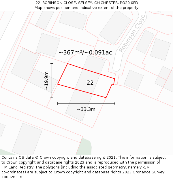 22, ROBINSON CLOSE, SELSEY, CHICHESTER, PO20 0FD: Plot and title map