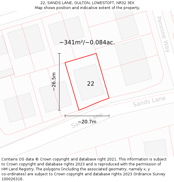 22, SANDS LANE, OULTON, LOWESTOFT, NR32 3EX: Plot and title map