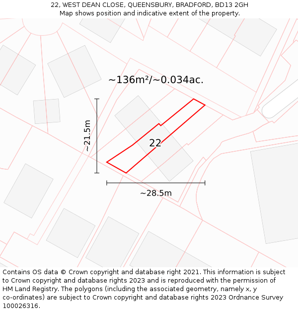 22, WEST DEAN CLOSE, QUEENSBURY, BRADFORD, BD13 2GH: Plot and title map