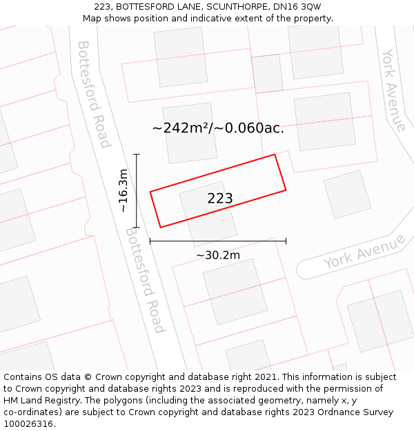 223, BOTTESFORD LANE, SCUNTHORPE, DN16 3QW: Plot and title map