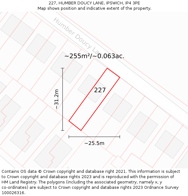 227, HUMBER DOUCY LANE, IPSWICH, IP4 3PE: Plot and title map