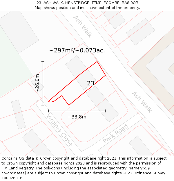 23, ASH WALK, HENSTRIDGE, TEMPLECOMBE, BA8 0QB: Plot and title map