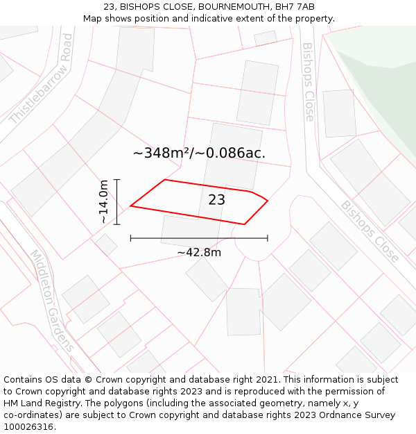 23, BISHOPS CLOSE, BOURNEMOUTH, BH7 7AB: Plot and title map