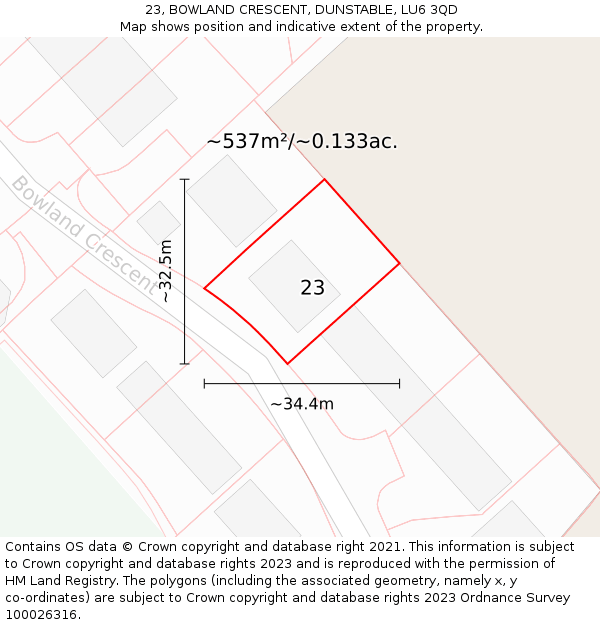 23, BOWLAND CRESCENT, DUNSTABLE, LU6 3QD: Plot and title map