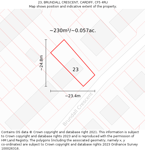 23, BRUNDALL CRESCENT, CARDIFF, CF5 4RU: Plot and title map