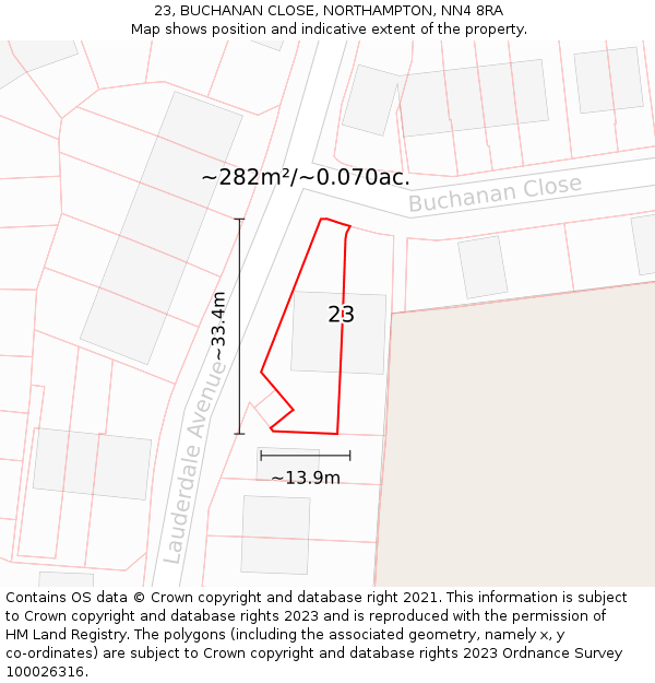 23, BUCHANAN CLOSE, NORTHAMPTON, NN4 8RA: Plot and title map