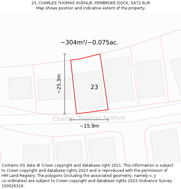 23, CHARLES THOMAS AVENUE, PEMBROKE DOCK, SA72 6UR: Plot and title map