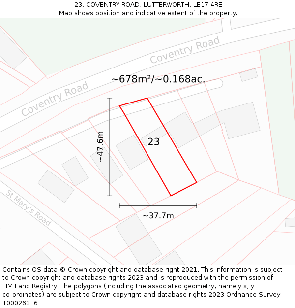 23, COVENTRY ROAD, LUTTERWORTH, LE17 4RE: Plot and title map