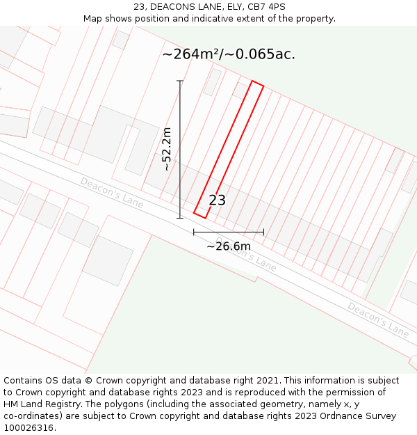 23, DEACONS LANE, ELY, CB7 4PS: Plot and title map