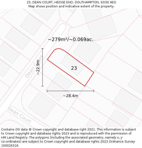 23, DEAN COURT, HEDGE END, SOUTHAMPTON, SO30 4EG: Plot and title map