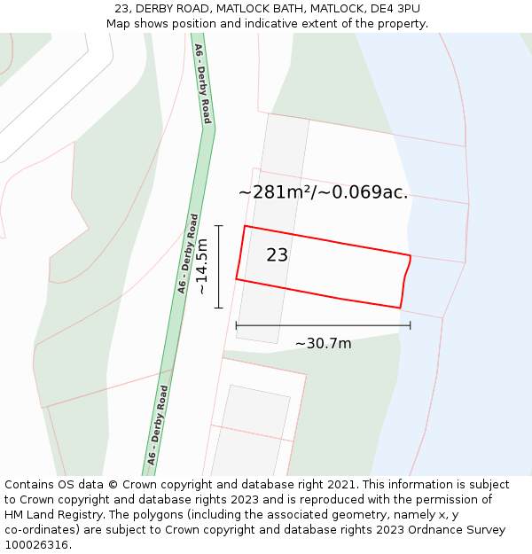 23, DERBY ROAD, MATLOCK BATH, MATLOCK, DE4 3PU: Plot and title map