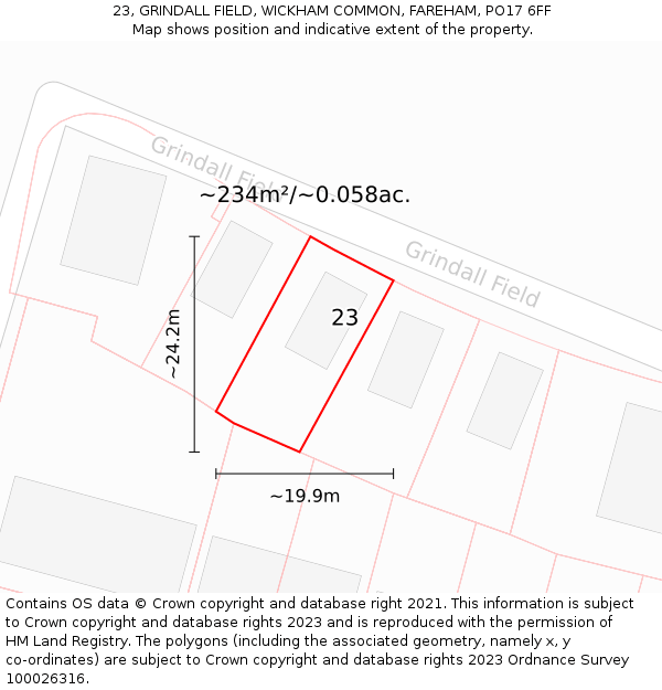 23, GRINDALL FIELD, WICKHAM COMMON, FAREHAM, PO17 6FF: Plot and title map