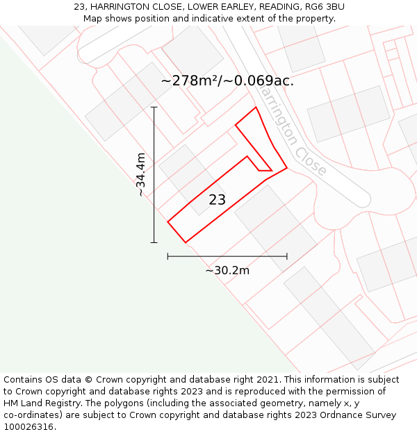 23, HARRINGTON CLOSE, LOWER EARLEY, READING, RG6 3BU: Plot and title map