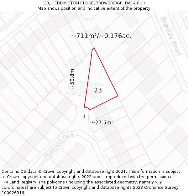 23, HEDDINGTON CLOSE, TROWBRIDGE, BA14 0LH: Plot and title map