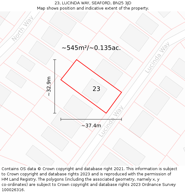 23, LUCINDA WAY, SEAFORD, BN25 3JD: Plot and title map