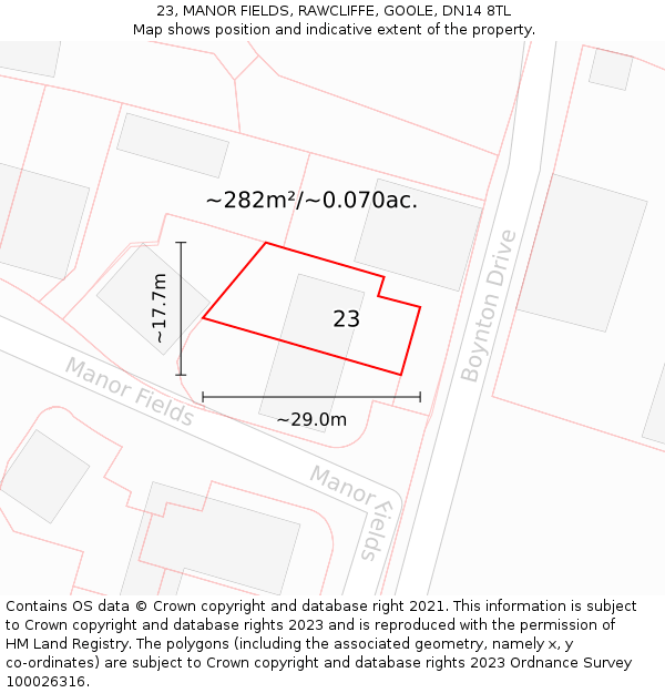 23, MANOR FIELDS, RAWCLIFFE, GOOLE, DN14 8TL: Plot and title map