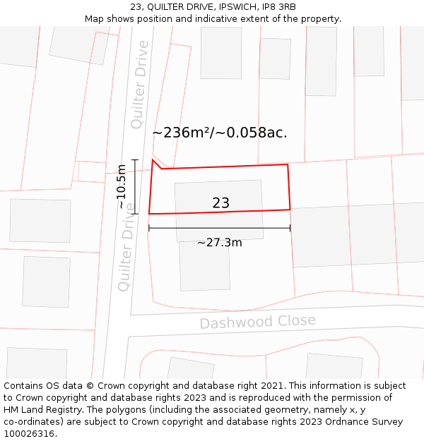 23, QUILTER DRIVE, IPSWICH, IP8 3RB: Plot and title map