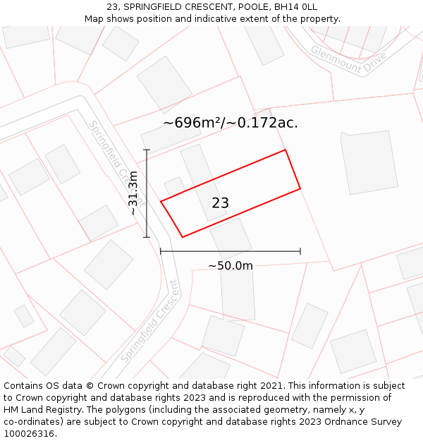 23, SPRINGFIELD CRESCENT, POOLE, BH14 0LL: Plot and title map