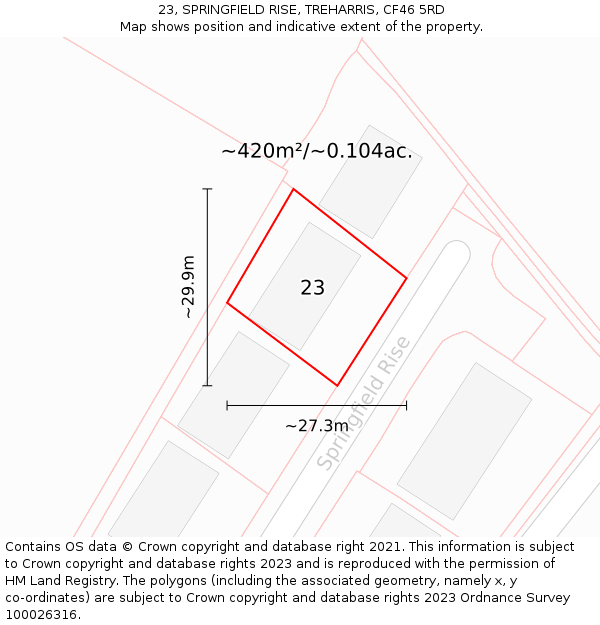23, SPRINGFIELD RISE, TREHARRIS, CF46 5RD: Plot and title map