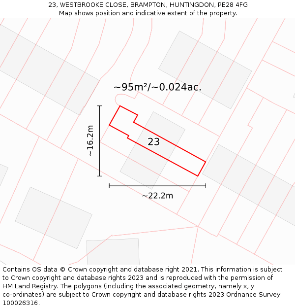23, WESTBROOKE CLOSE, BRAMPTON, HUNTINGDON, PE28 4FG: Plot and title map