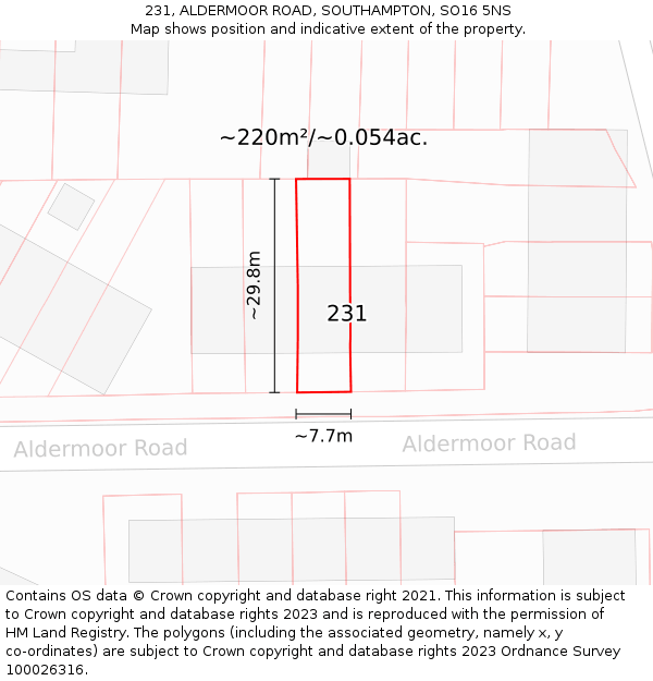 231, ALDERMOOR ROAD, SOUTHAMPTON, SO16 5NS: Plot and title map