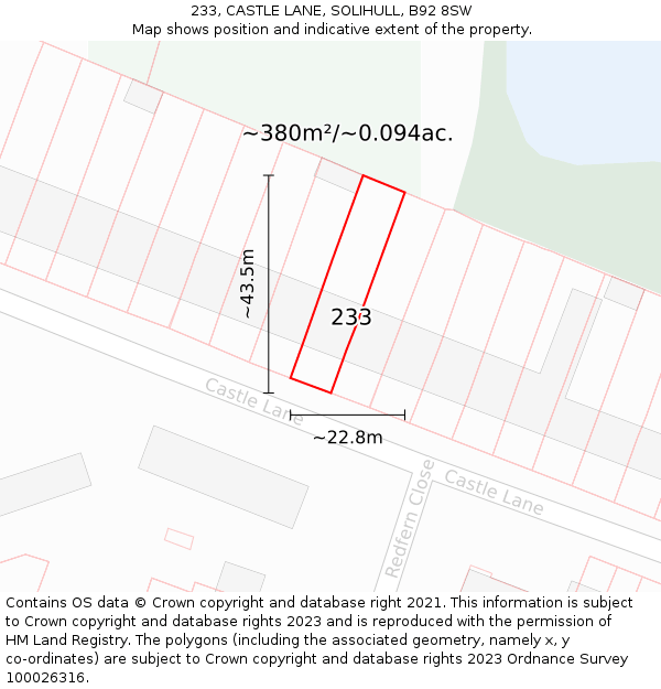 233, CASTLE LANE, SOLIHULL, B92 8SW: Plot and title map