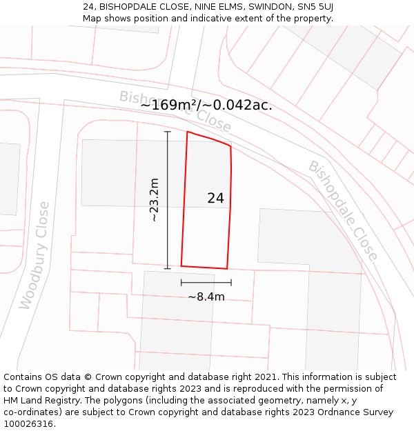 24, BISHOPDALE CLOSE, NINE ELMS, SWINDON, SN5 5UJ: Plot and title map