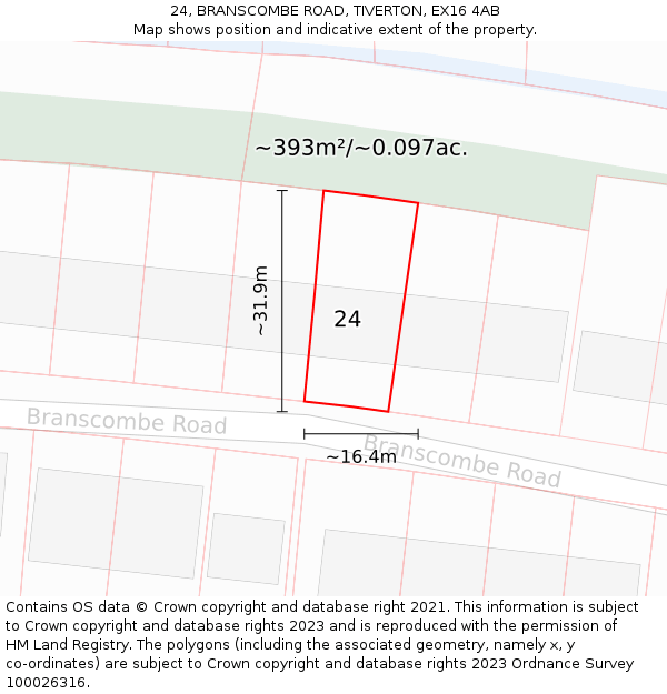 24, BRANSCOMBE ROAD, TIVERTON, EX16 4AB: Plot and title map