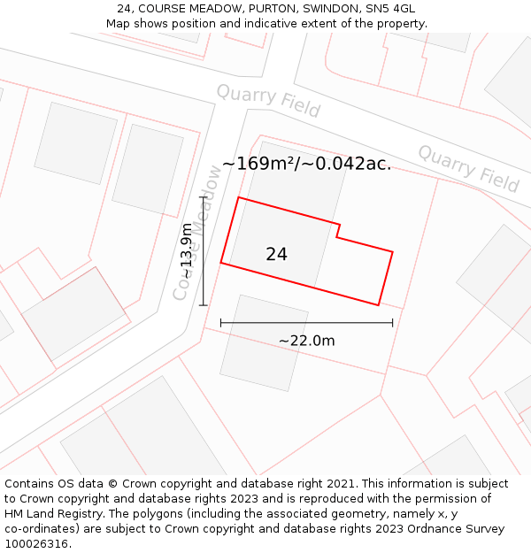 24, COURSE MEADOW, PURTON, SWINDON, SN5 4GL: Plot and title map