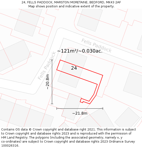 24, FELLS PADDOCK, MARSTON MORETAINE, BEDFORD, MK43 2AF: Plot and title map