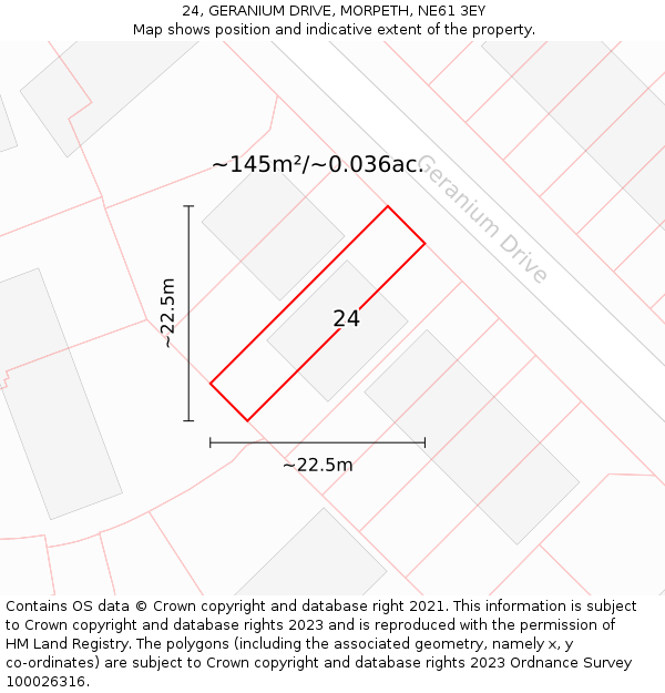 24, GERANIUM DRIVE, MORPETH, NE61 3EY: Plot and title map
