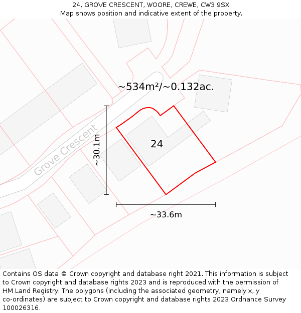 24, GROVE CRESCENT, WOORE, CREWE, CW3 9SX: Plot and title map