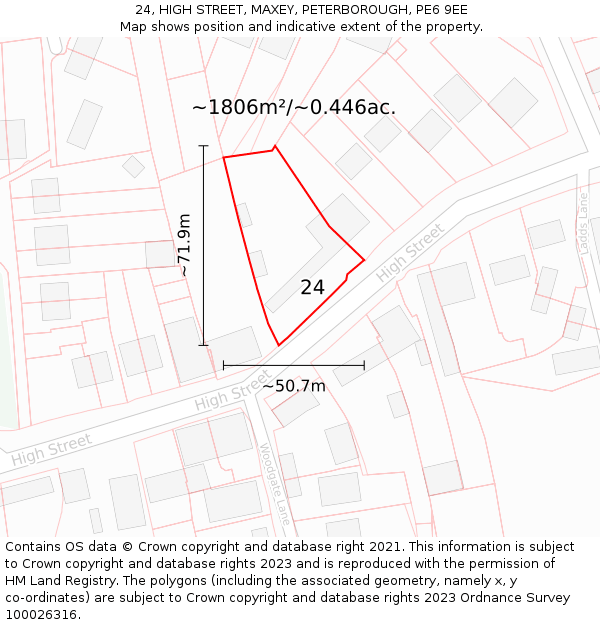 24, HIGH STREET, MAXEY, PETERBOROUGH, PE6 9EE: Plot and title map