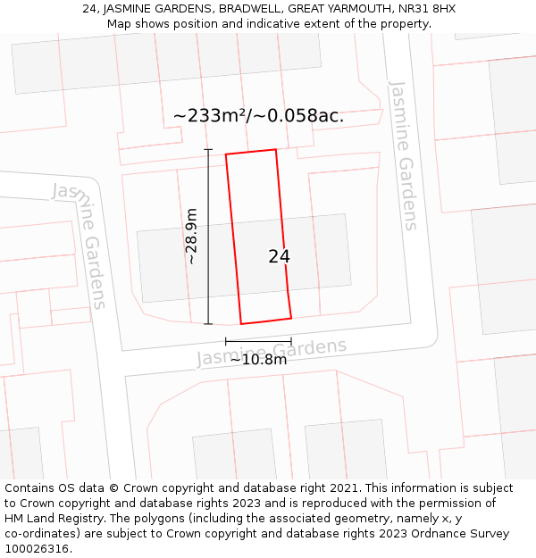 24, JASMINE GARDENS, BRADWELL, GREAT YARMOUTH, NR31 8HX: Plot and title map