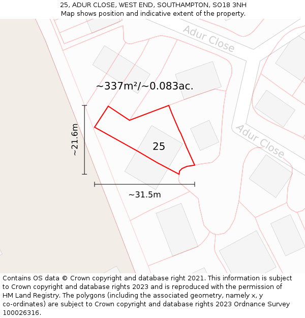 25, ADUR CLOSE, WEST END, SOUTHAMPTON, SO18 3NH: Plot and title map