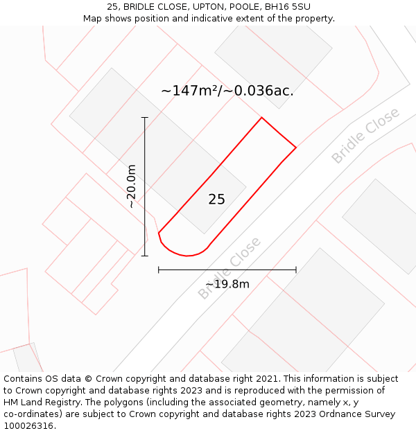 25, BRIDLE CLOSE, UPTON, POOLE, BH16 5SU: Plot and title map