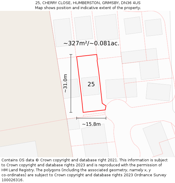 25, CHERRY CLOSE, HUMBERSTON, GRIMSBY, DN36 4US: Plot and title map
