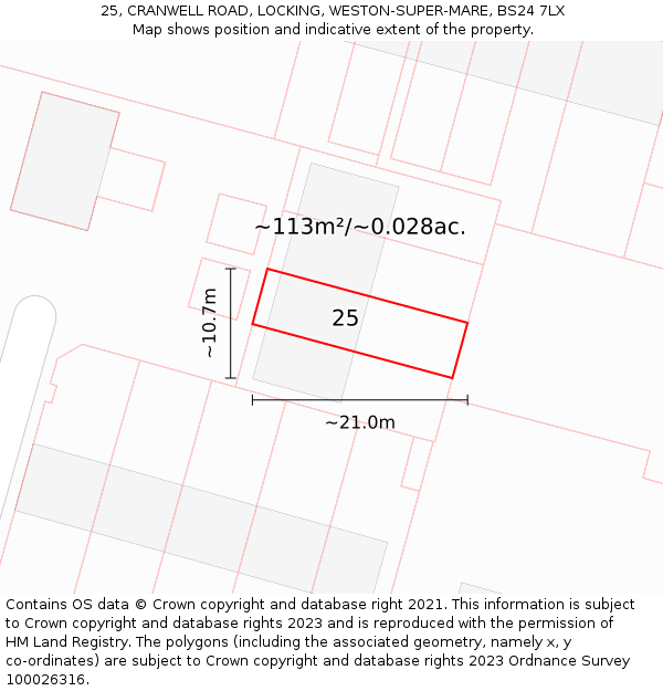 25, CRANWELL ROAD, LOCKING, WESTON-SUPER-MARE, BS24 7LX: Plot and title map